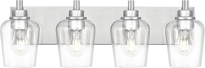 Bathroom Light Fixtures, 4-Light Modern Vanity Light with Clear Glass Wine Glass-Shaped Shade, Vanity Lighting Fixtures Over Mirror, Brushed Nickel, VL155-BN-4