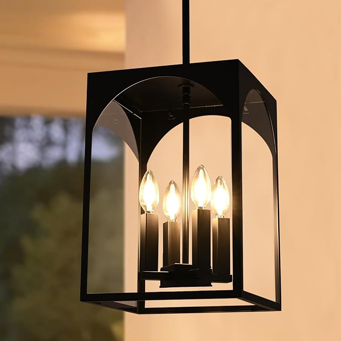 VINLUZ Large Outdoor Indoor Pendant Light 4-Light, Classic Black Finish Metal Chandelier Outside Hanging Fixture Ceiling Mount with Clear Glass Shade for Front Porch Entrance Foyer