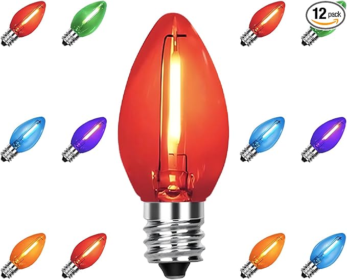 12Pack C7 Replacement Bulbs, Multicolor LED Christmas Light Bulbs for Outdoor String Lights, Patio Wedding Party Decor with E12 Candelabra Base