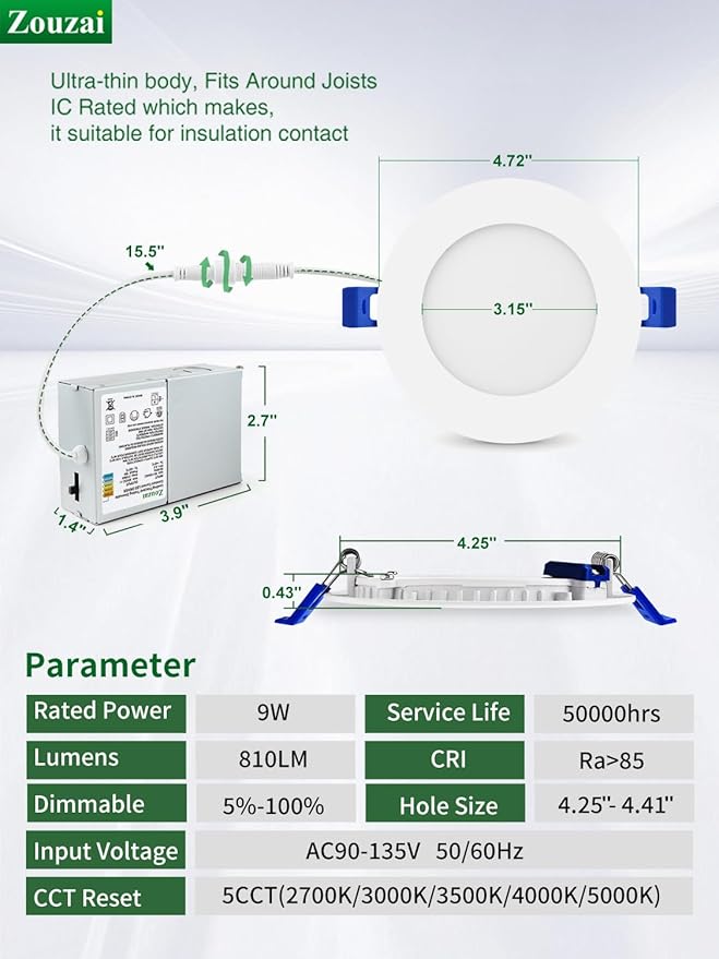 zouzai 24 Pack 4 Inch Ultra-Thin LED Recessed Ceiling Light with Junction Box 5CCT Adjustable Dimmable Can-Killer Downlight - ETL and Energy Star Certified (24 Pack 5CCT White, 4 Inch)