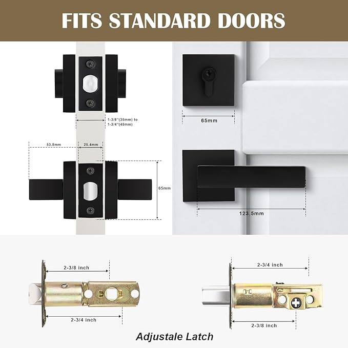 3 Pack Keyed Entry Door Lock with Deadbolt Set, Reversible Passage Lever and Keyed Alike Double Cylinder Deadbolt, Matte Black Square Handleset for Bedroom, Front Door