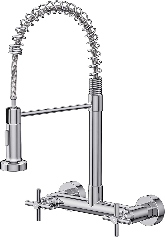 Wall Mount Faucet, Hurran Kitchen Faucet, 8 Inch Utility Sink Faucet with 2 Functions Sprayer, Commercial Kitchen Sink Faucet Dual Handles for Laundry Room Restaurant Compartment Sink (Chrome)