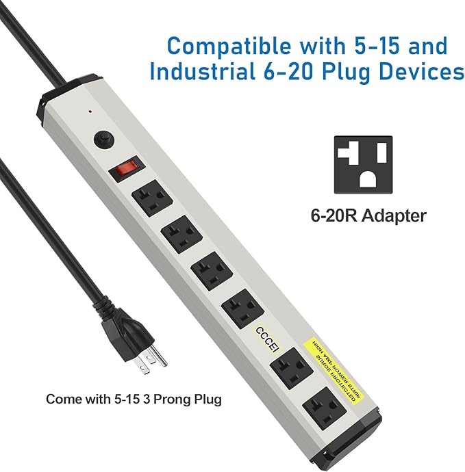 CCCEI Heavy Duty Power Strip Surge Protector 20 Amp, High Amp Industrial Shop Garage Metal Multiple Outlets, 12 FT 12 Gauge 5-15P Extension Cord 6 Outlet 6-20R T-Slot 20a for Appliance.