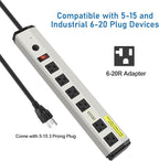 CCCEI Heavy Duty Power Strip Surge Protector 20 Amp, High Amp Industrial Shop Garage Metal Multiple Outlets, 12 FT 12 Gauge 5-15P Extension Cord 6 Outlet 6-20R T-Slot 20a for Appliance.