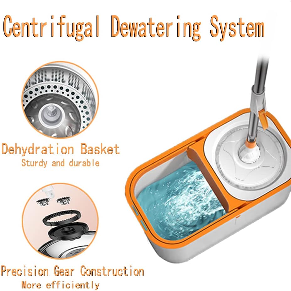 Spin Mop Bucket with Wringer System Extended Mop Handle 61＂Mop and Bucket for Floors Cleaning with 5 Replacement Head Refill 1 Cleaning Brush Head