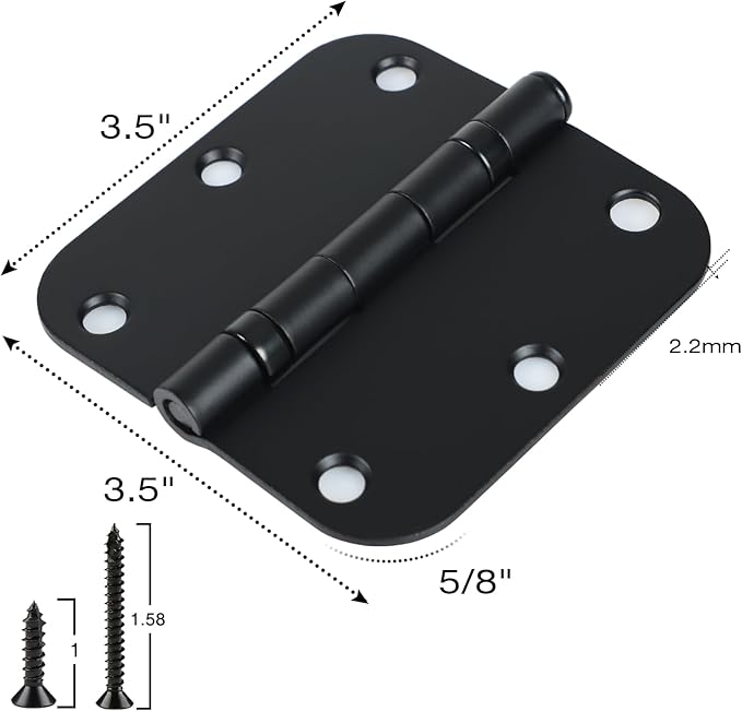 3 Pack Rounded Matte Black Door Hinges 3.5 Inch 5/8" Radius No Squeak Ball Bearing Interior 3-1/2"Flat Iron Bifold Residential Standard Bedroom Indoor for Doors 3 ½" Hardware Control House Home Decor