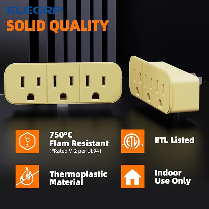 ELEGRP 2 to 3 Prong Grounded Triple Outlet Extender, Adapter Converters for Wall Outlets, Portable Polarized Wall Plug Splitter With 3 AC Outlets, ETL Listed, 2 Pack