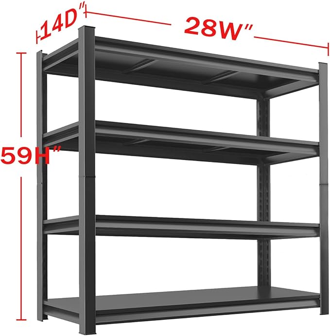 Metal Garage Storage Shelves Heavy Duty Shelving Unit 4 Tier Steel Adjustable Organizing Shelves 2500 LBS Capacity Industrial Shelving Ideal for Garage Tote Pantry Basement Outdoor, 59”Hx28”Wx14”D