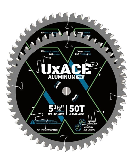 5-1/2-Inch 50-Tooth Circular Saw Blade, 10 mm Arbor, Aluminum, Non-Ferrous Metal Cutting Blade, Carbide Tip, Thin Kerf, for Thin Aluminum, Plastic, Composite, 2 Pack