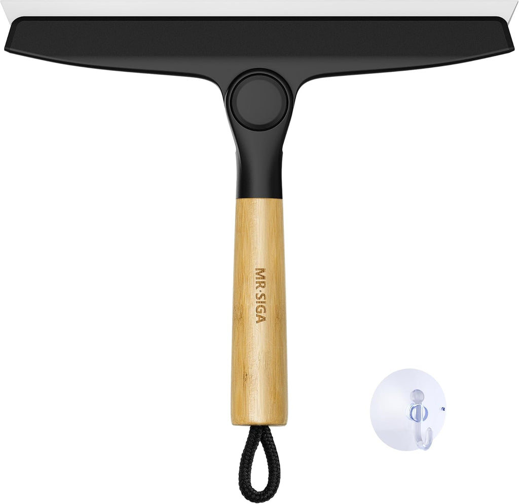 MR.SIGA All Purpose Silicone Squeegee for Shower Door, Mirror, Glass, Streak Free Shower Squeegee, Pivoting Bamboo Handle, Includes 1 Suction Hook, 10 inch Wide, Black, 1 Pack