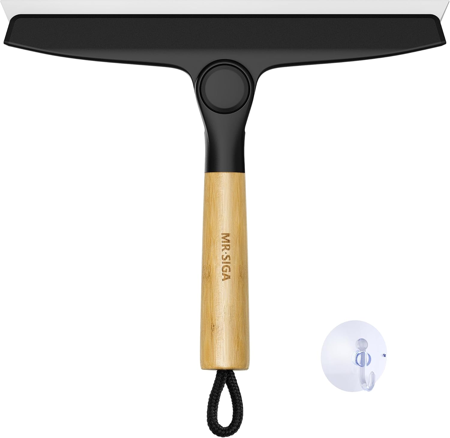 MR.SIGA All Purpose Silicone Squeegee for Shower Door, Mirror, Glass, Streak Free Shower Squeegee, Pivoting Bamboo Handle, Includes 1 Suction Hook, 10 inch Wide, Black, 1 Pack