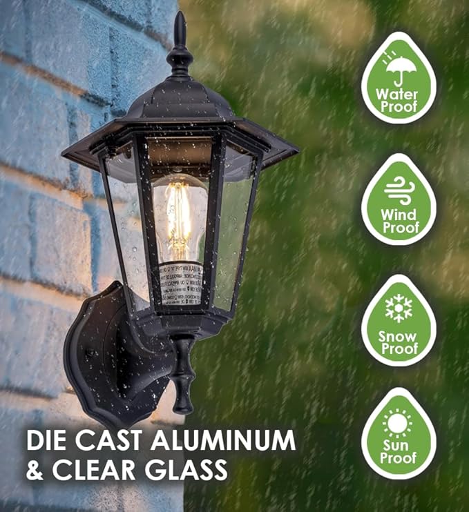 GRUENLICH Outdoor Wall Lantern, Wall Sconce as Porch Lighting Fixture with E26 Medium Base, Aluminum Housing Plus Glass, Water-Proof Rated, Bulb Not Included, Black Finish, 2 Pack