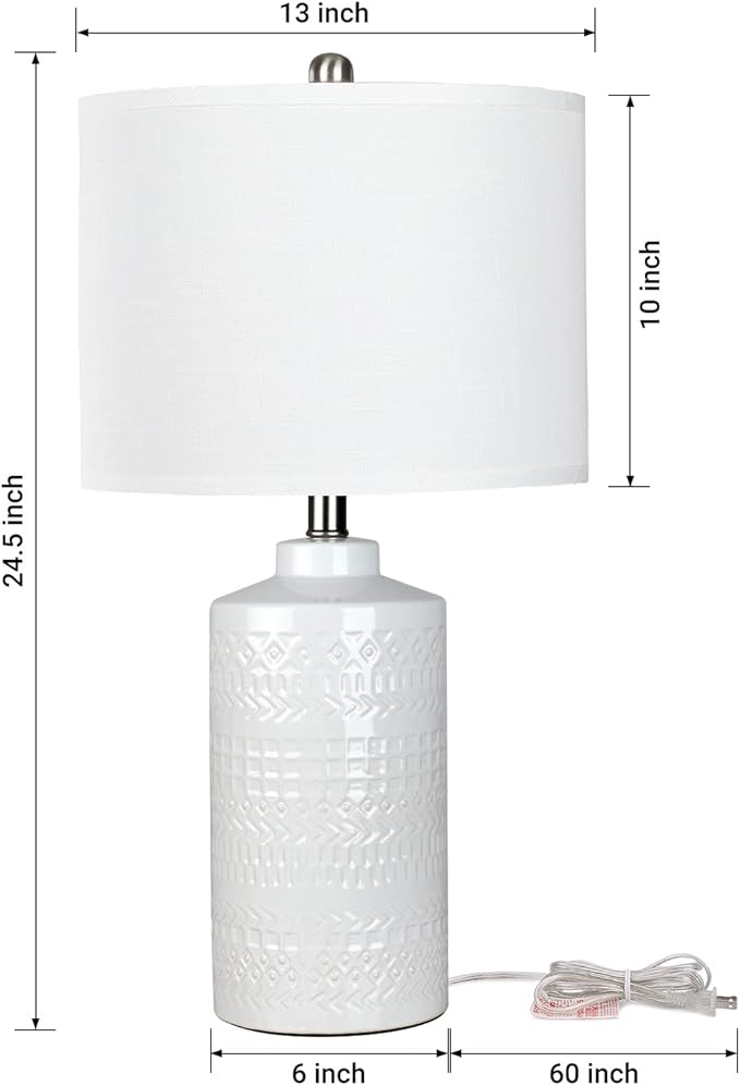 24.5" White Ceramic Table Lamp 3-Way Dimmable Nightstand with White Linen Shade Bedside Lamp for Bedrooms & Living Room Office Reading(Bulb Included)