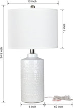 24.5" White Ceramic Table Lamp 3-Way Dimmable Nightstand with White Linen Shade Bedside Lamp for Bedrooms & Living Room Office Reading(Bulb Included)