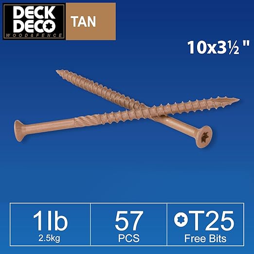 Wood Screws #10 x 3-1/2" 57pcs(Approx), Tan Ruspert Coating Exterior Deck Screws, Torx/Star Drive Flat Head,Twist Shank, Cut Tip/Thread, Bit Included, 1 lb/Box