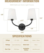 Emak Black Wall Sconces, 2-Light Bathroom Vanity Light Fixtures, Modern 19 Inch Bathroom Light Fixtures with White Fabric Shade for Bathroom, Living Room, Hallway, Bedroom, Stairway, VL116-BK-2