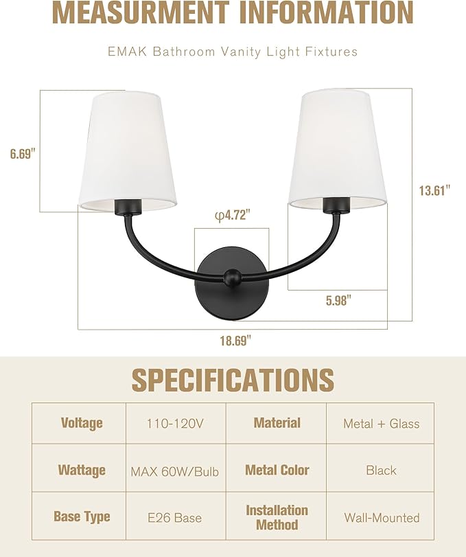 Emak Black Wall Sconces, 2-Light Bathroom Vanity Light Fixtures, Modern 19 Inch Bathroom Light Fixtures with White Fabric Shade for Bathroom, Living Room, Hallway, Bedroom, Stairway, VL116-BK-2