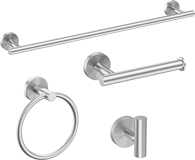 USHOWER Brushed Nickel Bathroom Hardware Set, Modern 24-Inch Towel Bar Set Wall Mounted, Durable SUS304 Stainless Steel Bathroom Accessories Set, 4-Piece