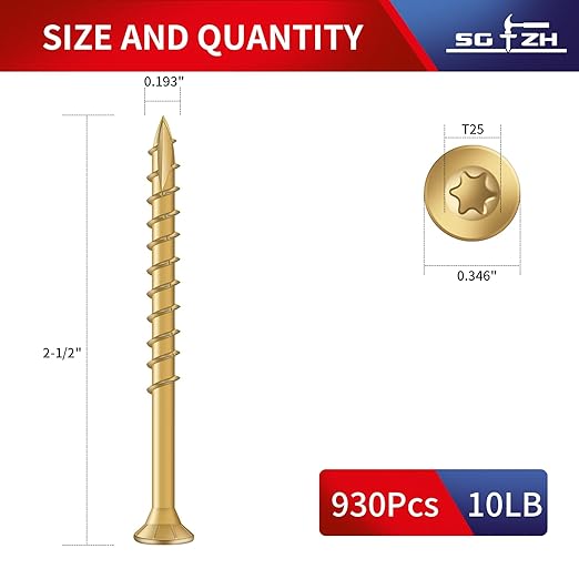 #9 x 2-1/2" Deck Screws (930Pcs) 10lb. Exterior Wood Screws. Carbon Steel, Tan, Flat Head, Rust Resistant epoxy Coated, with T25 Star Bit