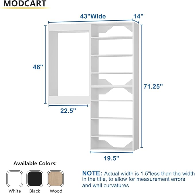 Modular Closet System, 43" Wide Organizer With Towers and Hanging, Wood Tower Storage for Walk In Closets, Wall Mounted Wardrobe Kit, Bedroom, White