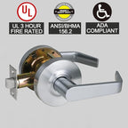 Passage Commercial Door Locks Heavy Duty Grade 2 Lever, Non-Handed, UL 3 Hour Fire Rated, ADA Compliant, Satin Chrome Finish 26D, 2-3/4''Backset, X-XG-PS-70