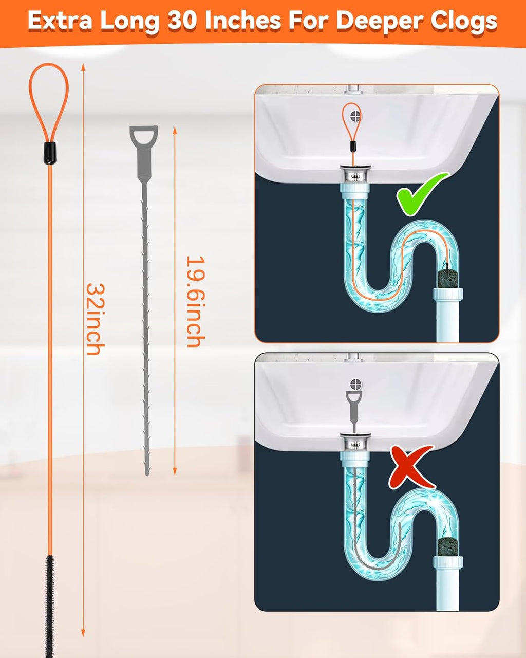 32 Inch Drain Snake, Anti-Break Metal Hair Removal Tool with Nylon Coating Sink Snake, Drain Cleaner Hair Catcher Remover for Shower, Bathroom Sink Tub(6 Pack)