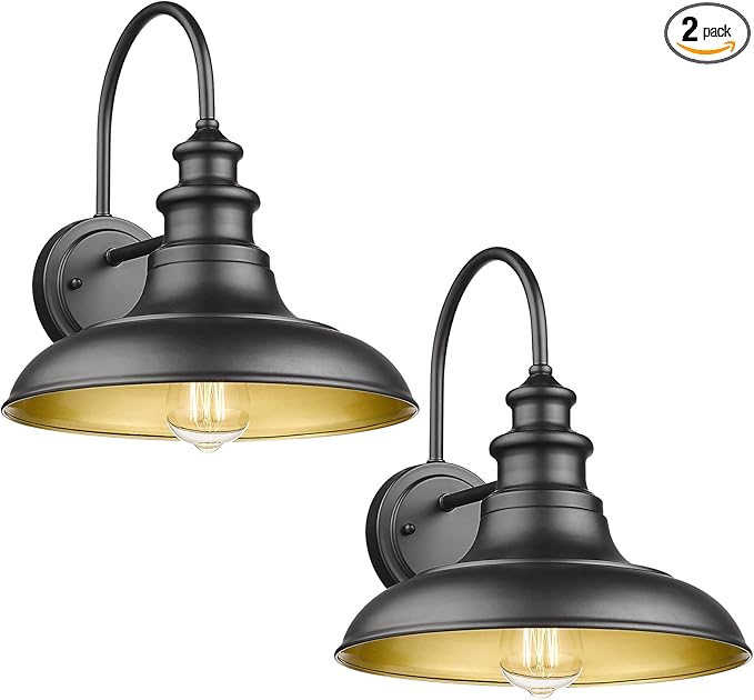 Outdoor Barn Light Fixtures, 12.3 Inch Large Dome Farmhouse Wall Mount Light Gooseneck Wall Sconce Exterior Wall Lighting Fixture Industrial Black Finish Lantern for Porch with Gold Interior, 2pack
