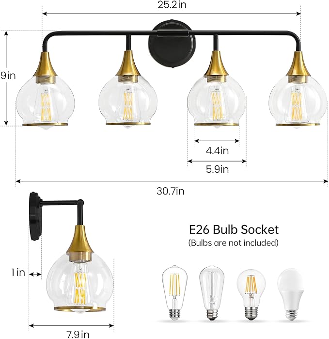 Black and Gold Bathroom Vanity Light 4-Light Bathroom Vanity Light Fixtures Over Mirror with Clear Glass Shade 30.7 inch Wall Sconce Lighting Bath(Exclude E26 Bulb)
