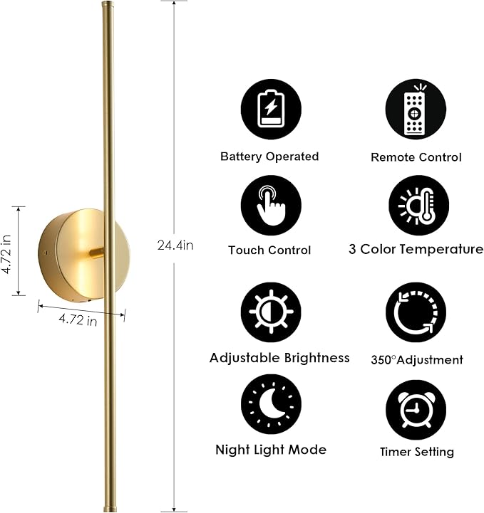 Removable Battery Operated Wall Sconces with Remote Control 350°Rotate LED Wireless Wall Lights with 3 Color Temperatures & Dimming for Bedroom, Hallway,24.4 Inch (2 Pack)