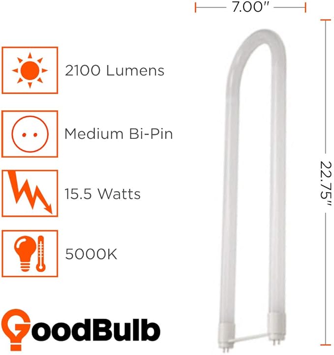 GoodBulb 15.5W T8 U Bend Fluorescent 6" Tube 5000K Daylight Medium Bi-Pin Base 2100 Lumesn 50000 Life Hours 13 Watts Car Dealership Lighting 10 Pack