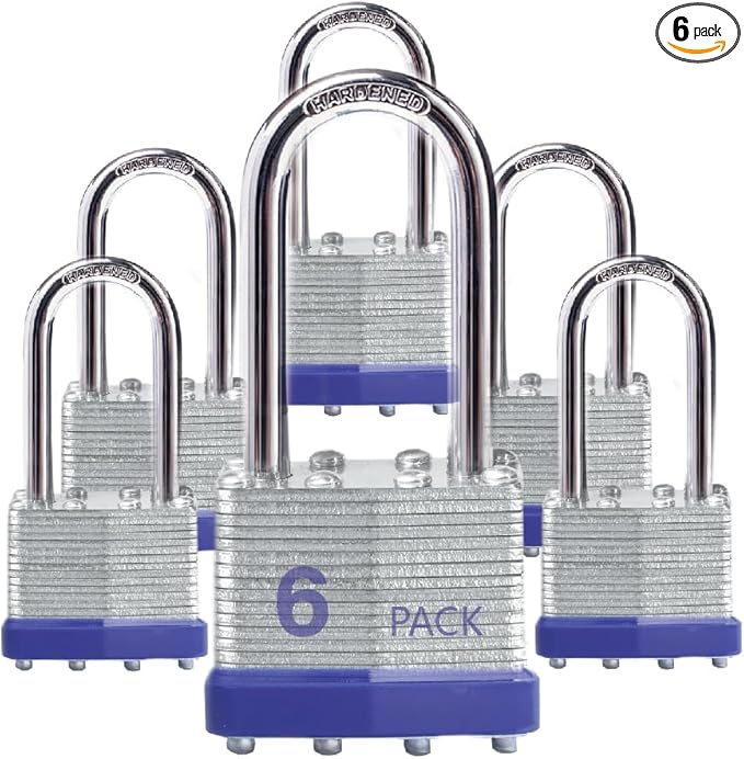 Lock Outdoor Padlocks, Key Lock, Padlocks with Same Key - Laminated Steel Keyed Padlocks with Long Shackle, 6 Pack, for Hasp Latch, Sheds, Fences, Storage Locker, School, Gym