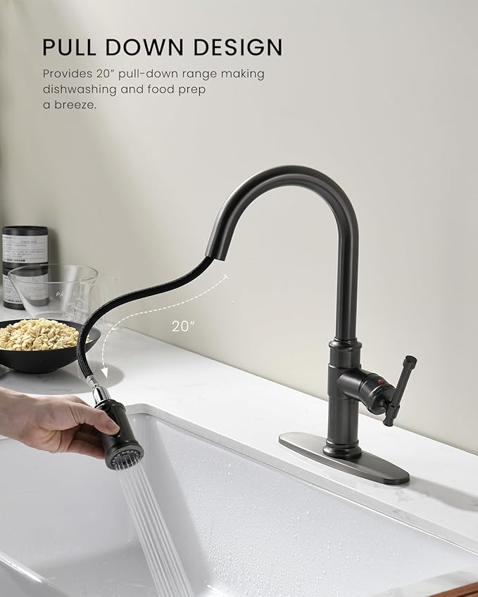 Black Stainless Kitchen Sink Faucet with Pull Down Sprayer, DAYONE Single Handle 1 Hole High Arc Flow 360° Swivel Kitchen Faucets with Soap Dispenser, APS136BS