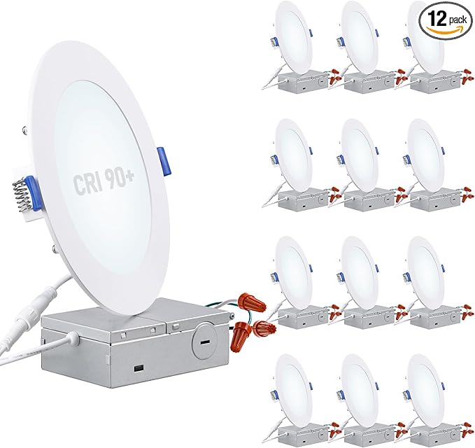 TORCHSTAR Basic Series 12-Pack 6 Inch Ultra-Thin LED Recessed Lighting with Junction Box, CRI90, Aluminum, 5000K Daylight, 5%-100% Dimmable Slim Recessed Downlight, 12W 1100LM, ETL and Energy Star