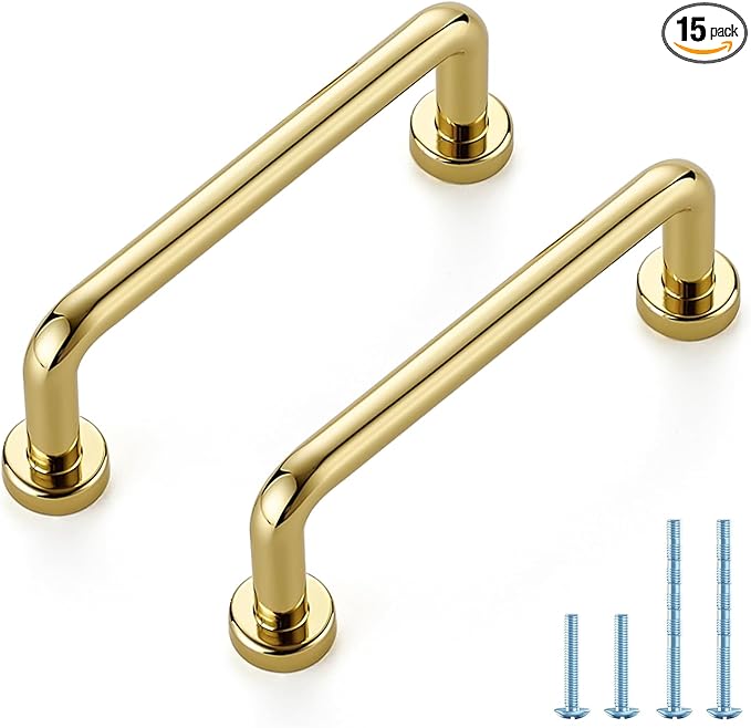 JOY DECOR Cabinet Pulls – 3 Inch Hole Center, Polished Brass, 15 Pack, Zinc Alloy Cabinet Handles for Drawers & Cupboard – Vintage Style Hardware for Kitchen, Bathroom, Dresser, Furniture Makeover