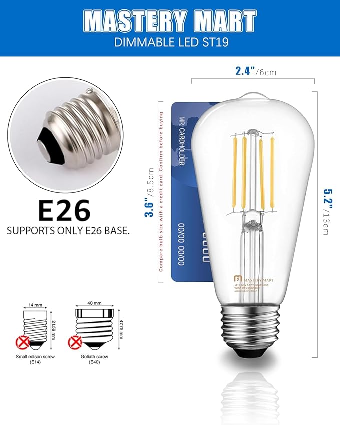 MASTERY MART 60 Pack Vintage LED Edison Bulbs, E26 Led Bulb 5.5W Equivalent to 60W, Dimmable, 4000K Cool White, High Brightness ST58 Antique LED Filament Bulbs, Clear Glass