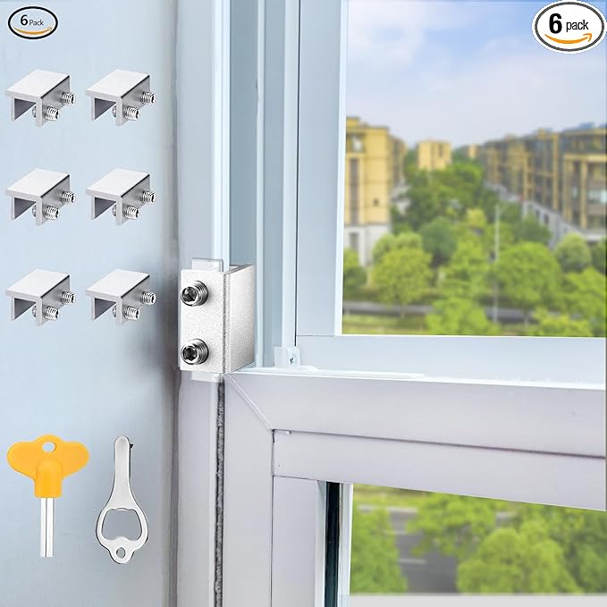 Window Locks, 6 Sets Window Locks Security with Key, Adjustable Aluminum Sliding Window Security Safety Locks Child Proof Security Lock Stoppers for Vertical & Horizontal Sliding Window