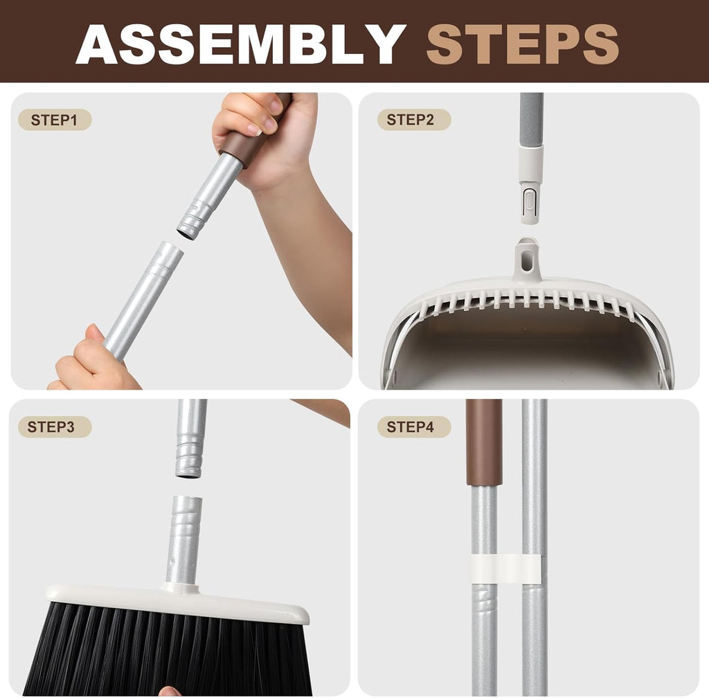 54" Long Handled Broom and Dustpan Set - Perfect Dust Pan and Brush Combo for Efficient Cleaning, Brown and White