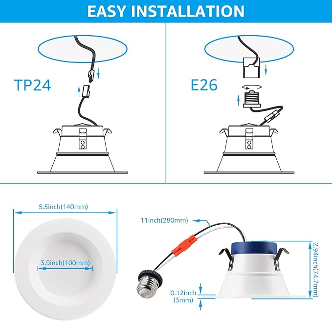 TORCHSTAR 8-Pack 5CCT 4 Inch LED Recessed Lighting Retrofit Downlight, Aluminum Anti-Glare Deep Baffle Trim, 800LM 10W=100W, CRI90 Dimmable Remodel Can Lights, JA8 ETL, 2700K3000K3500K4000K5000K