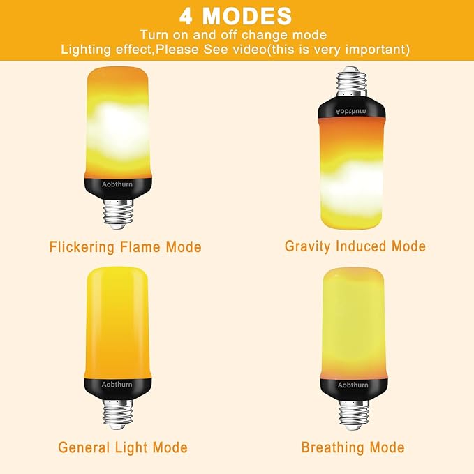 Flame Light Bulbs, 4 Modes LED Flame Effect Light Bulb, E26 Base Flickering Light Bulb with Gravity Sensor,Flickering Light Bulbs Halloween Decor(4 Pack)