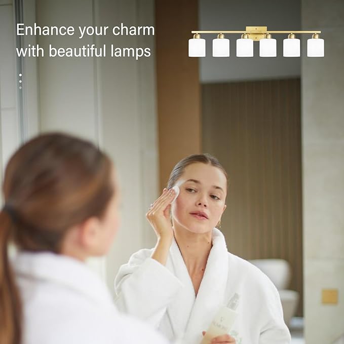 6 Light Gold Bathroom Vanity Light for Large Mirror, Gold Vanity Lights for Bathroom with Milky White Frosted Glass Shades, 38 inch Wall Lamp for Mirrors Living Room E26 Base