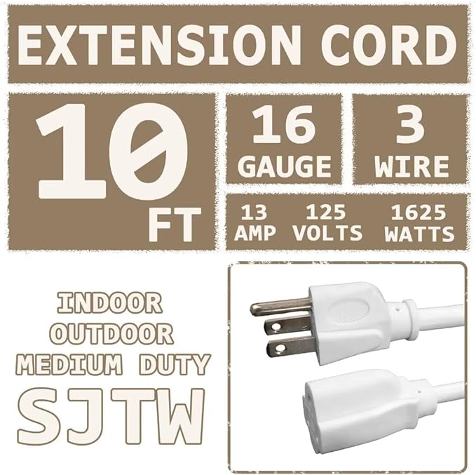 Indoor Outdoor Extension Cord 10 FT Waterproof, 16/3 Gauge Heavy Duty White Extension Cords, 13A 1625W SJTW Extension Cord with 3 Prong Grounded Plug, Great for Tools, Lights, UL Listed.
