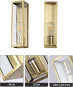 Outdoor Light Fixture, Exterior Wall Sconce, Brushed Brass Frame Wall Light with Clear Glass Shade for Porch, Garage, Patio, Doorway, Hallway