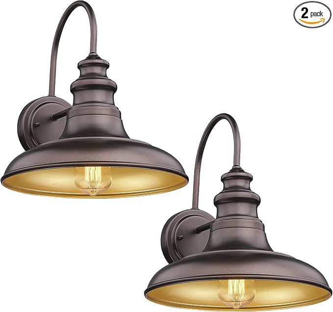 Outdoor Barn Light Fixture Farmhouse Wall Mount Light Gooseneck Wall Sconce Exterior Wall Lighting Fixture Industrial Bronze Finish Lantern for Porch with Gold Interior, 2Pack, RZ004-2PACK ORB