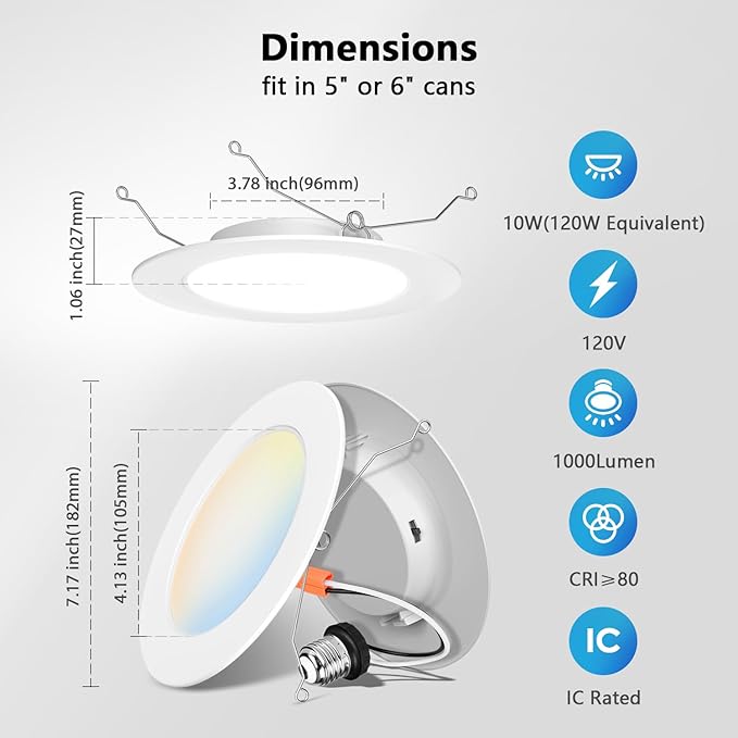 LVWIT LED Recessed Light 6Inch, Can Lighting Color Selectable 2700/3000/4000/5000/6000K 5CCT, 10W(120W Equivalent) Dimmable Downlight with E26 Conversion Kit, Retro Fit Ceiling Light Fixtures, 24 Pack