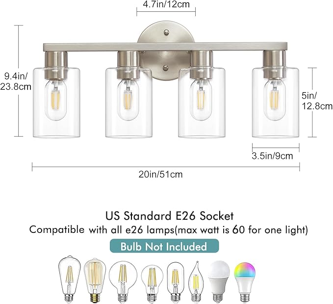 4 Light Bathroom Vanity Light, Brushed Nickel 4-Light Bathroom Light Fixtures, Vanity Lights for Make-Up Mirror, Modern Lighting Fixtures with Clear Glass Shade for Bedroom Living Room