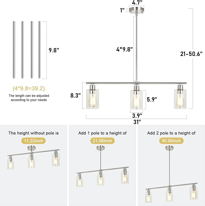 3-Light Pendant Lighting Clear Glass Pendant Lighting for Kitchen Island Brushed Nickel Hanging Light Fixture Pendant Light Dining Room Chandelier Farmhouse
