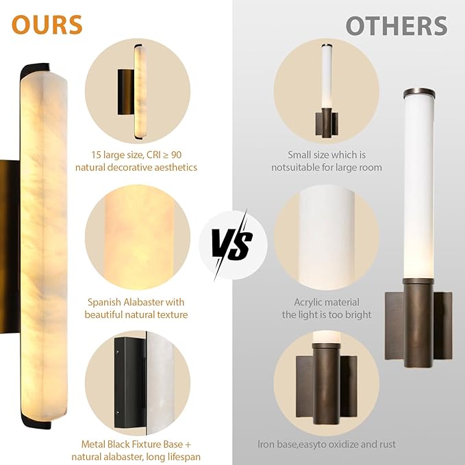 Alabaster Wall Sconces Set of Two, 15in Black Alabaster Sconce, Modern Spanish Natural Marble Sconces Lights, Rectangle Sconces for Bathroom Vanity Bedroom Living Room Staircases Hallway