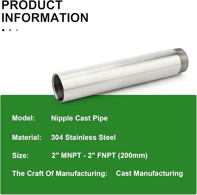 TAISHER 1PCS Stainless Steel Pipe Fittings, 2" NPT Male x 2" NPT Female Threaded, 8" Length Nipple Cast Pipe