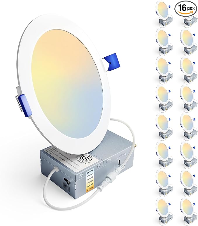 Ensenior 16 Pack Ultra-Thin LED Recessed Lighting 6 Inch 6CCT with Junction Box, 2700K-6000K Selectable, 12W 110W Eqv, Dimmable Can-Killer Downlight, 1050LM High Brightness - ETL