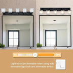 5-Lights Bathroom Light Fixtures, Matte Black Modern Vanity Lights with Rectangular Frosted Glass for Over Mirror Dressing Table, E26 Bulb Base